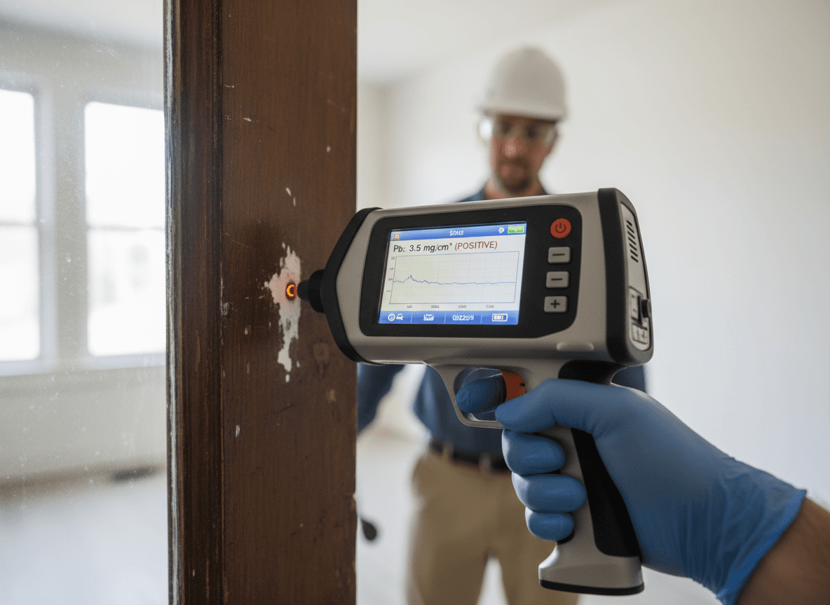 Technician using handheld XRF analyzer on a door frame